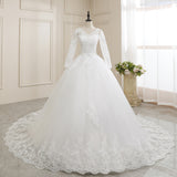 Full Sleeve Wedding Dress Lace Princess Embroidery Long Train Wedding Gown V Neck Elegant Plus Size
