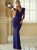 V-neck Ruffled Blue Floor Length Prom Dress XH2178