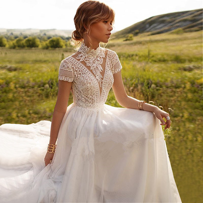 Boho Lace Tulle High Neck Wedding Dress  Cap Sleeves A-Line Bohemian Bridal Gown Vintage Elegant Robe De Mariée