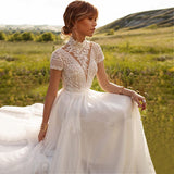 Boho Lace Tulle High Neck Wedding Dress  Cap Sleeves A-Line Bohemian Bridal Gown Vintage Elegant Robe De Mariée