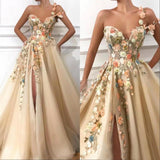 Champagne 3D Floral Lace Appliques Beads Wedding Evening Dresses  One Shoulder Tulle Split Prom Party Gowns