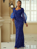 Sweetheart Neck Lantern Sleeve Mermaid Sequin Blue Evening Dress XH2175