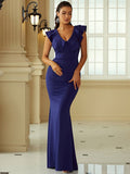 V-neck Ruffled Blue Floor Length Prom Dress XH2178