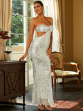 Backless Off Shoulder Sleeveless Sequin White Prom Dress XJ1468