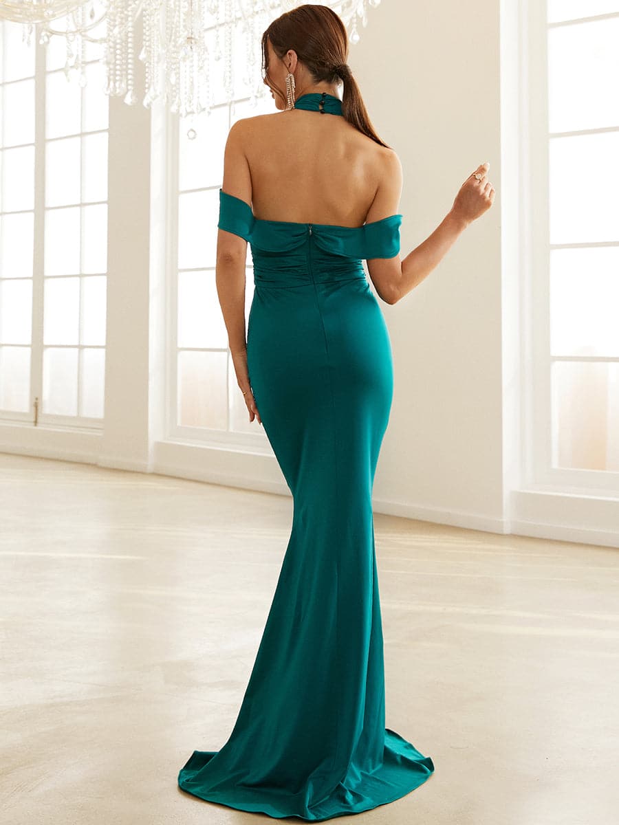 Halter Cross Off Shoulder Emerald Green Merimaid Prom Dress WY33