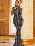 Sheer Mesh Yoke Black Mermaid Sequin Prom Dress M0032 S-4XL