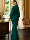 Mermaid Long Sleeve Satin V-Neck Green Prom Dress WY22