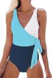 Women's One Piece Swimsuit Wrap Over Swimwear Knotted Color Block Bathing Suit Swimming Costume