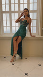 Slit Thigh Backless Green Sequin Formal Dress M02095
