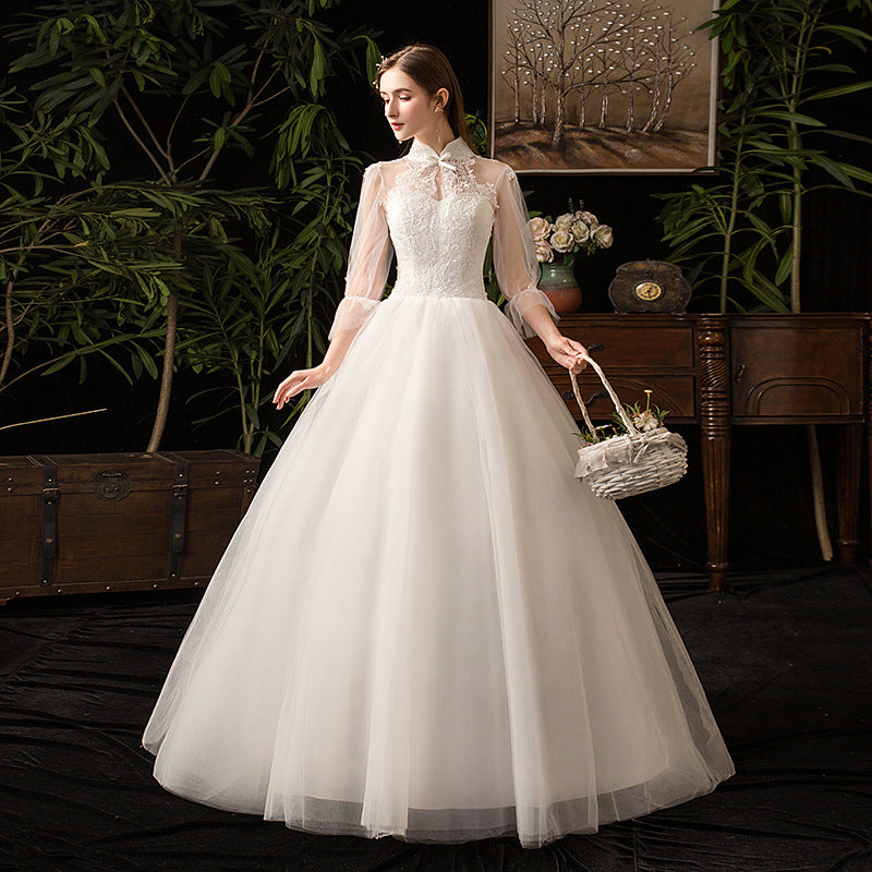 High Neck Three Quarter Sleeve Wedding Dress Sexy Illusion Lace Applique Plus Size Vintage Bridal Gown Robe De Mariee L