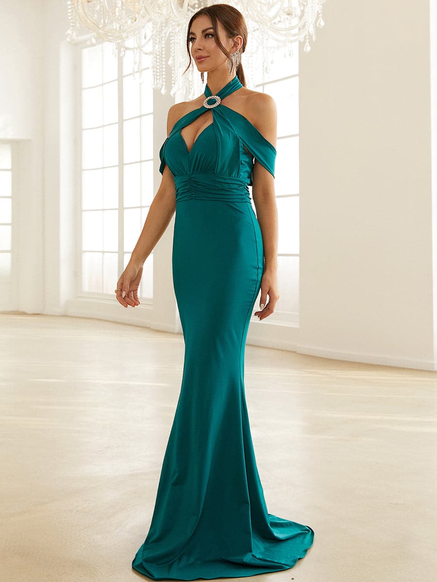 Halter Cross Off Shoulder Emerald Green Merimaid Prom Dress WY33