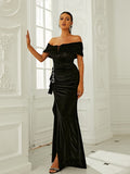 Off Shoulder Ruched Rhinestone Velvet Formal Dress XH2195