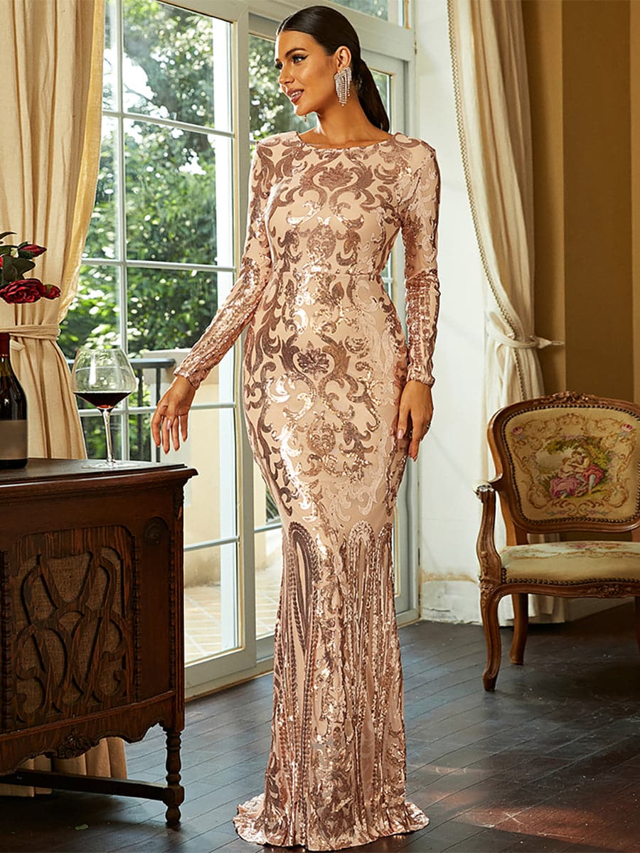 Long Sleeve Zip Back Gold Maxi Sequin Prom Dress FT8578