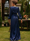 Bishop Sleeve High Neck DarkSlateBlue Maxi Prom Dress XH2304