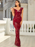 Asymmetrical Neck Sequin Floor Length Red Maxi Prom Dress M0688
