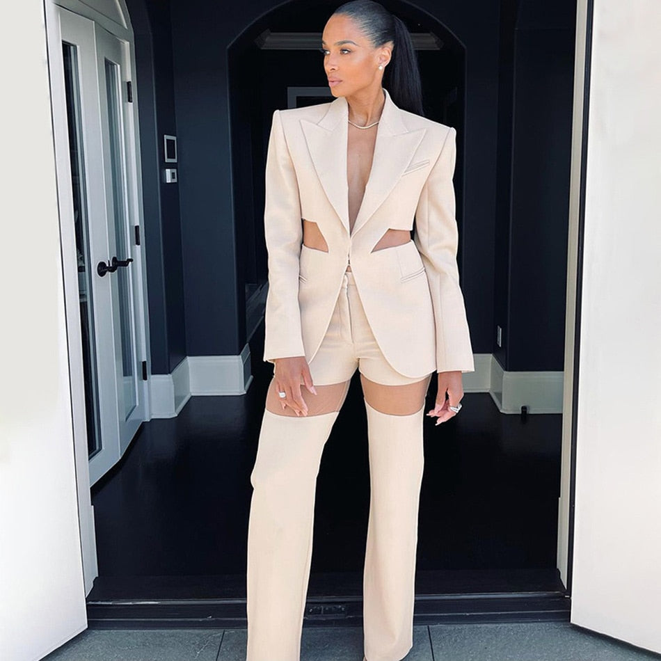Fashion Two-piece Pants Suit New Designer Women's Cut Out V Neck Long Sleeve Jacket Set Hot High Street Outfit