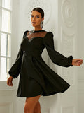High Neck Bishop Sleeve Elegant Black Prom Dress XH2177