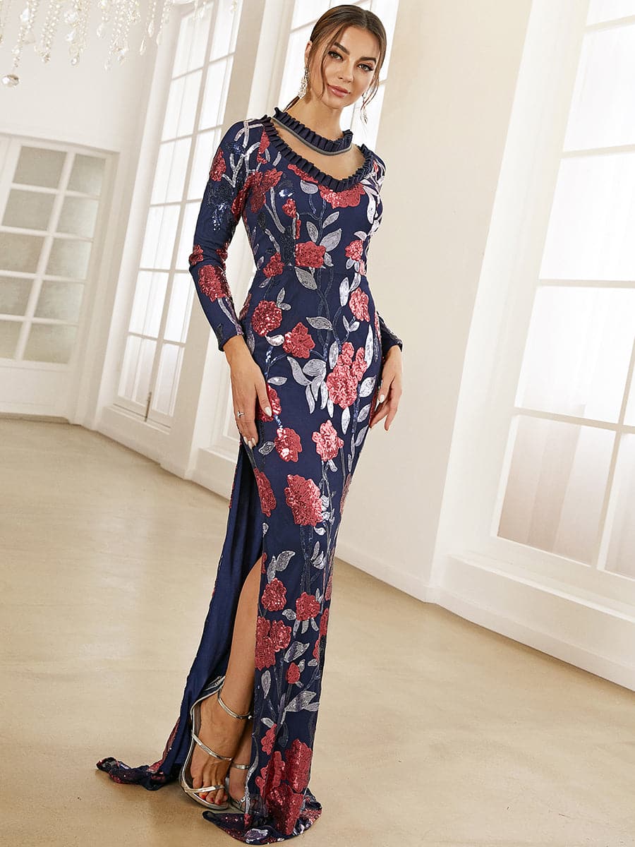 Floral Print Long Sleeve Side Split Prom Dress XH2260