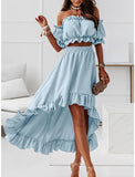 Women Basic Sexy Boho Plain Causal Holiday Cocktail Party Two Piece Set Off Shoulder Crop Top Blouse Skirt Sets Skirt Dress Midi Skirt Ruffle Tops