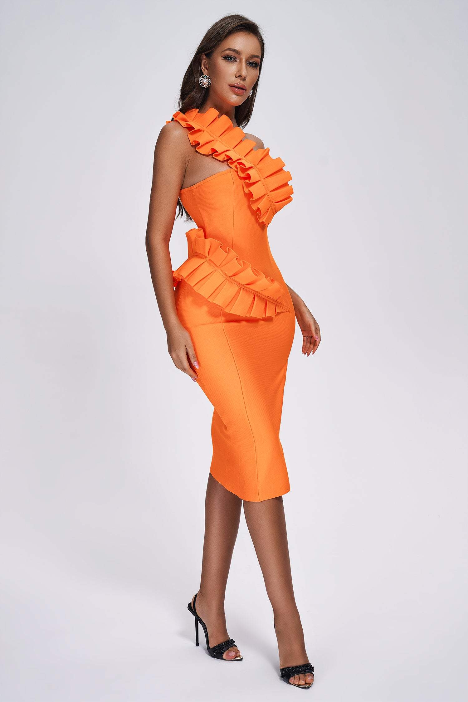 Shailee One Shoulder Midi Bandage Dress - Orange