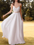 Two Piece A-Line Wedding Dresses V Neck Spaghetti Strap Floor Length Chiffon Lace Sleeveless Beach Boho Sexy Backless with Appliques Solid Color