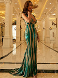 Plunging Neck Geo Sequin Green Maxi Prom Dress M0449
