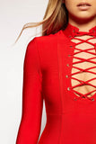 Coleena - Red Long Sleeve Lace Up Bandage Dress