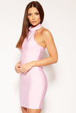 Lazora - Candy Pink High Neck Corset Back Bandage Dress