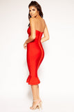 Pennie - Red Strapless Fishtail Bandage Midi Dress