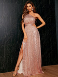 One Shoulder Sequin Maxi Pink Prom Dress XH1732
