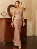 One Shoulder Ruffle Wrap Maxi Sequin Lightbrown Formal Dress WY46