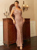 One Shoulder Ruffle Wrap Maxi Sequin Lightbrown Formal Dress WY46