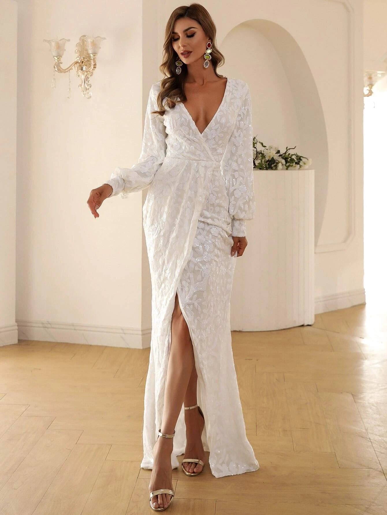 Plunging Neck Wrap HemLong Sleeve White Sequin Prom Dress M01207