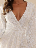 Plunging Neck Wrap HemLong Sleeve White Sequin Prom Dress M01207