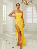 Backless Sleeveless Tank Split Yellow Maxi Knit Prom Dress XJ1410