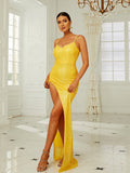 Backless Sleeveless Tank Split Yellow Maxi Knit Prom Dress XJ1410