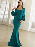 Bishop Sleeve Square Neck Green Mermaid Knit Prom Dress XJ1496