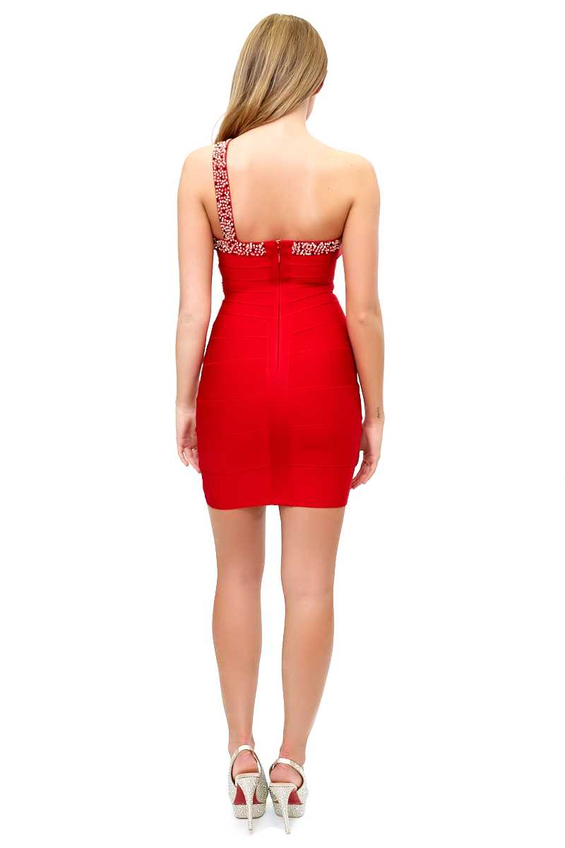 New York - Red One Shoulder Embellished Bandage Dress