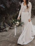 A-Line Wedding Dresses V Neck Court Train Chiffon Lace Long Sleeve Beach Boho Sexy See-Through Backless with Lace Insert