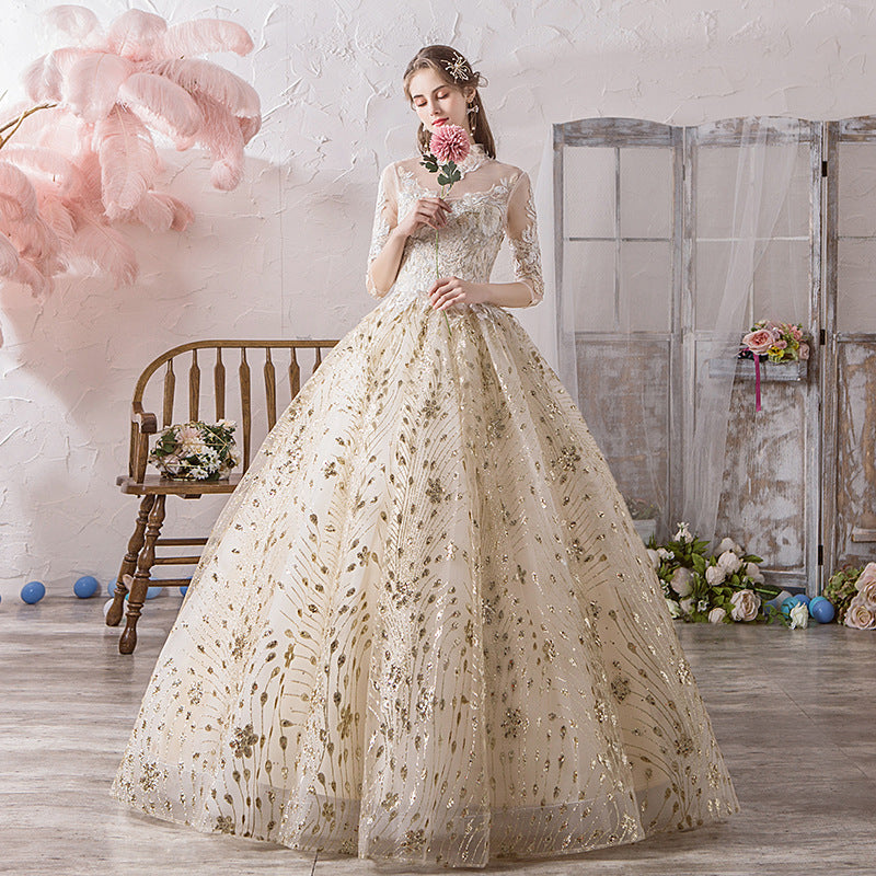Style High Neck Half Sleeve Champagne Wedding Dress Luxury Lace Embroidery Princess Ball Gown