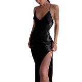 Summer Women Satin Silky Spaghetti Strap Split Long Dress Elegant Sleeveless Backless Club Party Beach Sexy Vestito