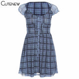 Cutenew Lattice Pattern A-Line Short Sleeve Mini Dress For Womens Clothes  Summer Casual Stretch Comfortable Lady Streetwear
