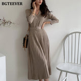 BGTEEVER Elegant V-neck Single-breasted Women Thicken Sweater Dress  Autumn Winter Knitted Belted Female A-line soft dresses