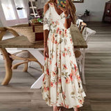 Women Elegant V-Neck Summer Dresses Casual Short Sleeve Dresses Embroidered Slim Long Dress Vintage Drawstring Design Dress