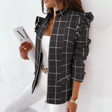 Fashion Autumn Long-sleeved Ruffle Women Suit Coat Casual Stand Collar Printed Plaid Zipper Straight Slim Small Coat Woman