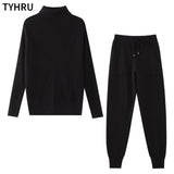 TYHRU Autumn Winter Women tracksuit Solid Color Striped Turtleneck Sweater and Elastic Trousers Suits Knitted Two Piece Set