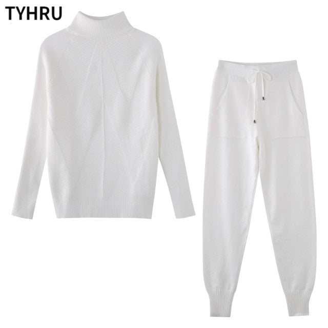 TYHRU Autumn Winter Women tracksuit Solid Color Striped Turtleneck Sweater and Elastic Trousers Suits Knitted Two Piece Set