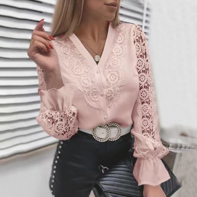 Women Sexy Lace Patchwork Hollow Out Shirt Long Sleeve Crew Neck Button Mesh Design Top Spring Fashion White Vintage Shirts