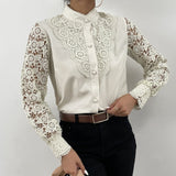 Women Sexy Lace Patchwork Hollow Out Shirt Long Sleeve Crew Neck Button Mesh Design Top Spring Fashion White Vintage Shirts