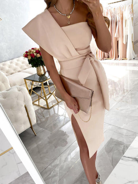 Sexy One-Shoulder Slit Bodycon Dress Elegant Sashes Lace-up Solid Midi Dress Summer Women Commute Solid Party Dress Vestidos